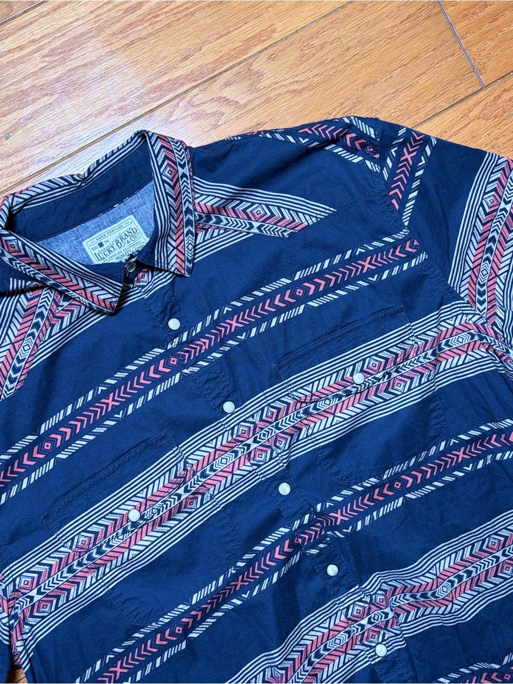 Lucky Brand Men's Navy Aztec Patterned Pearl Snap Button-Up Shirt
